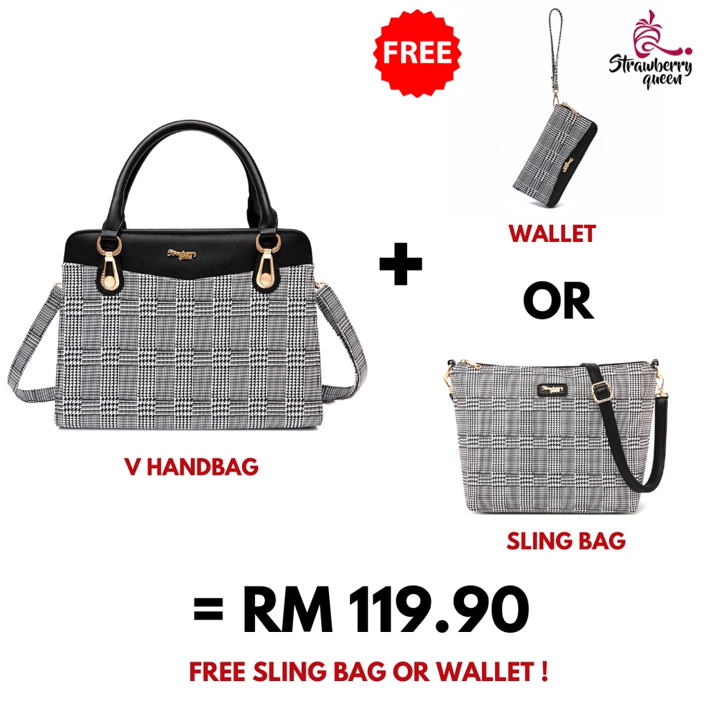 [FREE WALLET] Strawberry Queen Women V Handbag Houndstooth BE, Black