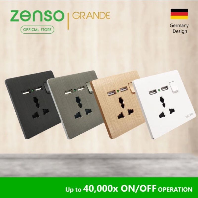 Zenso Grande 13A Universal Switch Socket Outlet +USB X2 Hairline Black