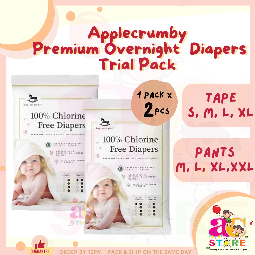 AC (Trial Pack) Applecrumby Chlorine Free Premium Overnight Tape & Pull Up Pant Diapers