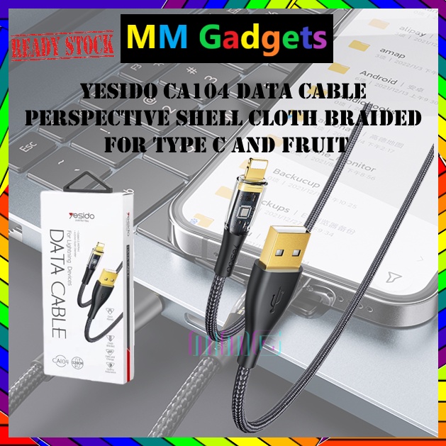 YESIDO CA104 DATA CABLE 3A 1.2 METERS CLOTH BRAIDED TRANSPARENCY FOR ...