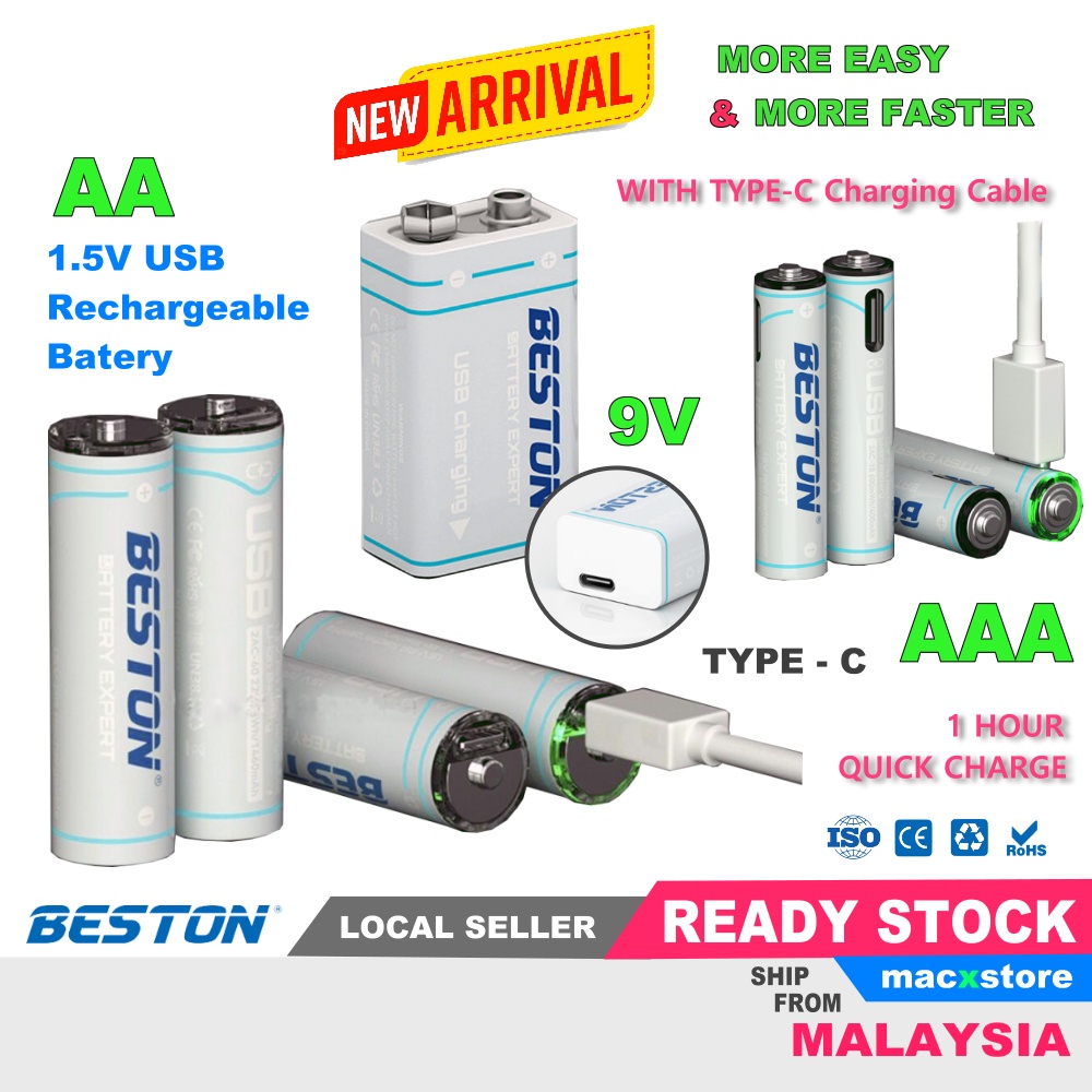 Beston AAA AA 9V 1.5V Rechargeable Battery USB TypeC Lithium Fast