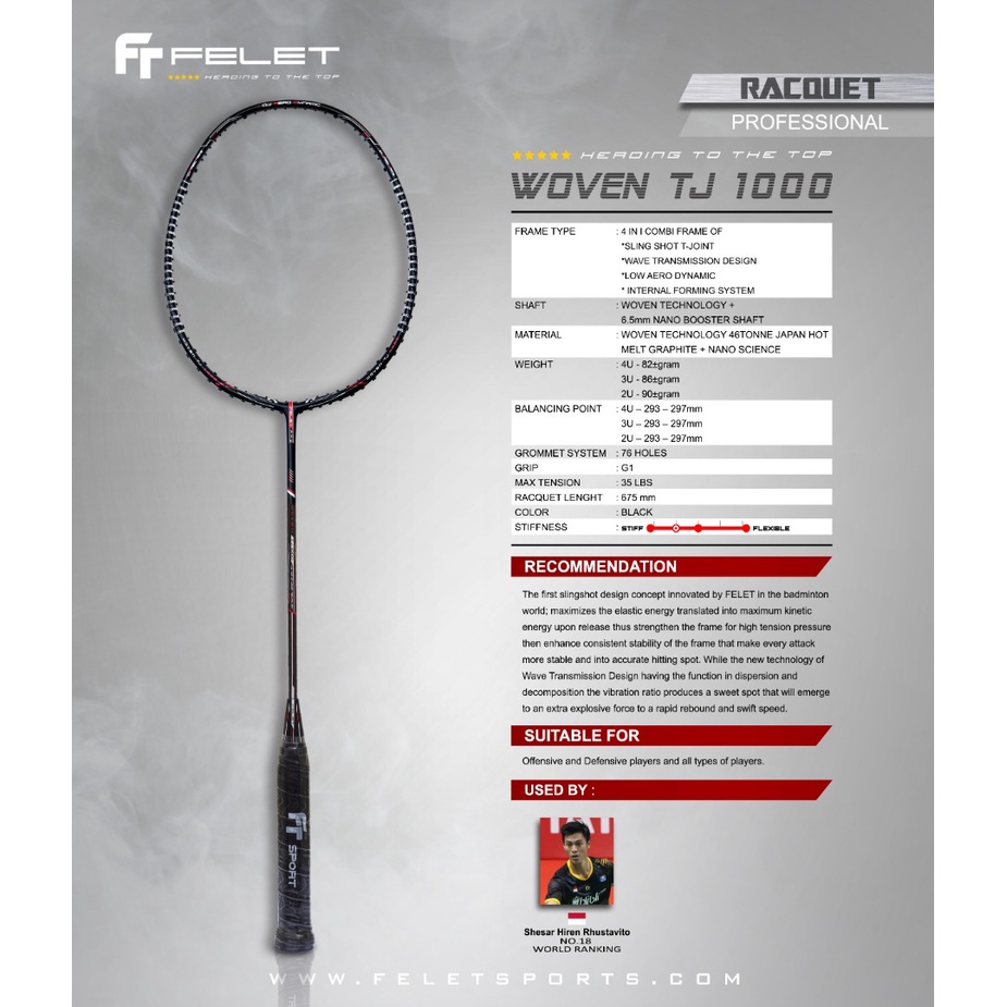 FELET Badminton Racquet WOVEN TJ 1000 3U/4U MAX TENSION 35LBS Shopee