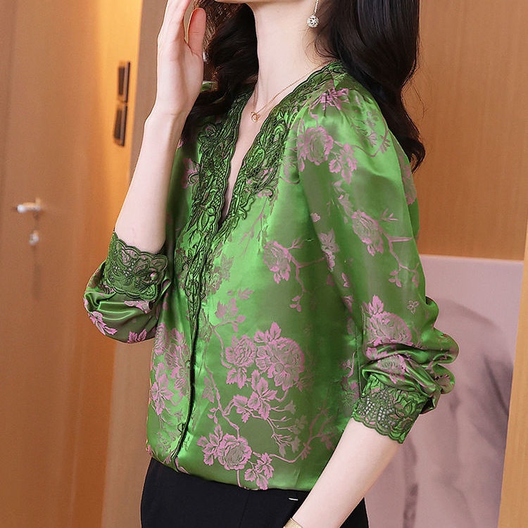 Two color silk imitation blouse women's long sleeve 2023 spring summer ...
