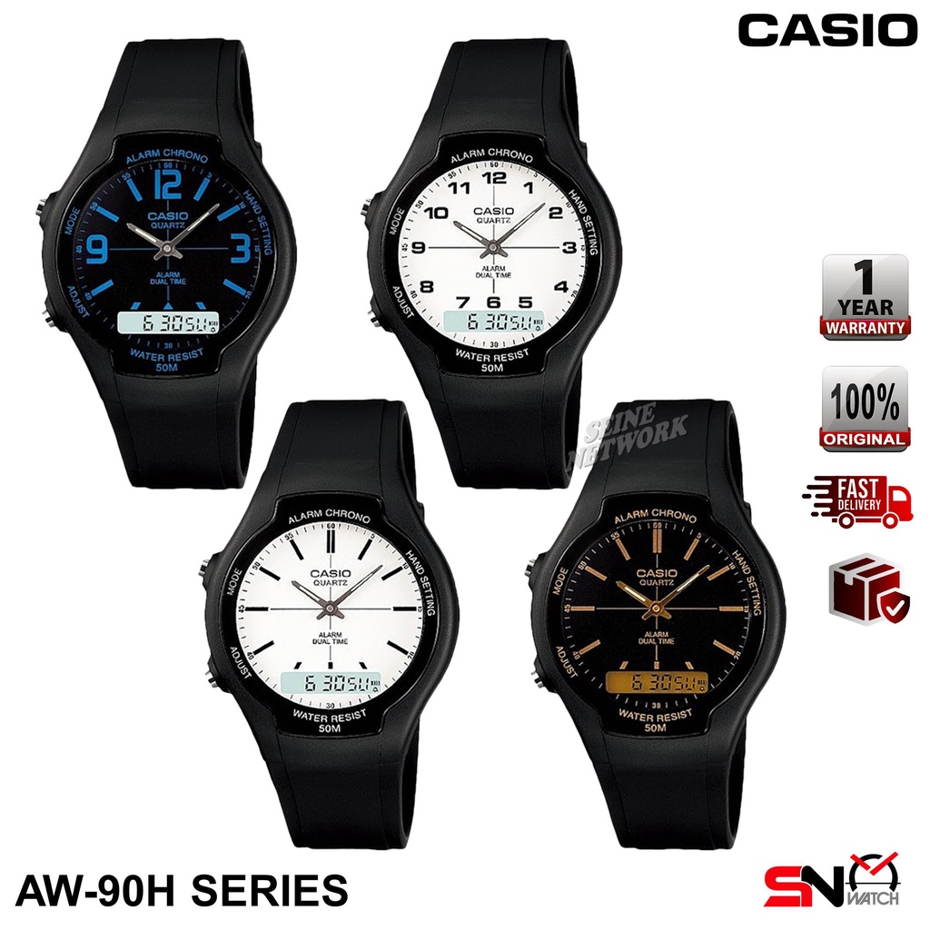 Casio AW 90H Series Day Date Display Analog Digital Black Resin Band Unisex Watch Jam Tangan Unisex Shopee Malaysia