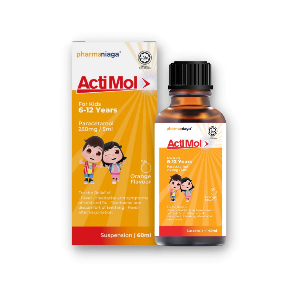 ActiMol Paracetamol 250mg Suspension For Kids 60ml (Orange Flavour ...