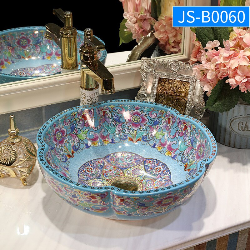 Retro Pattern Art Ceramic Washbasin Round Bathroom Sink Balcony ...