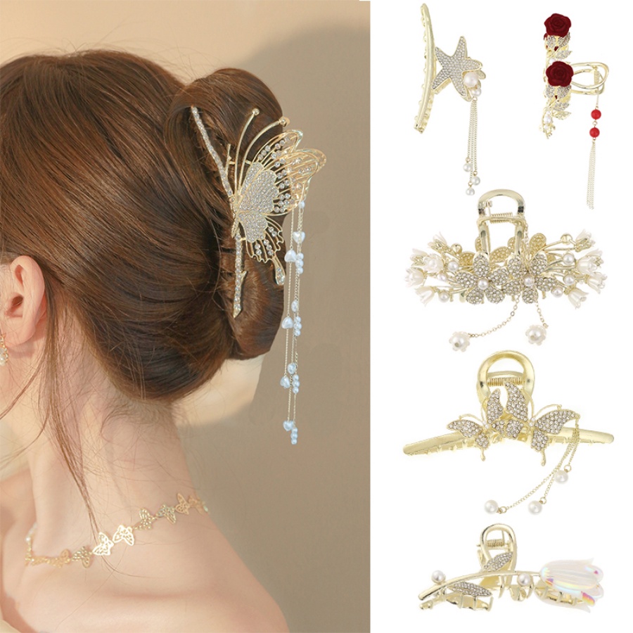Korean Metal Pearl Rhinestone Tassel Hair Clip Hair Claw Crystal Flower