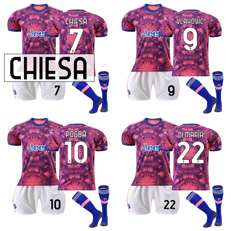202223 Season Juventus Second Away Jersey Chiesa Pogba Vlahovic Di Maria Set with Socks