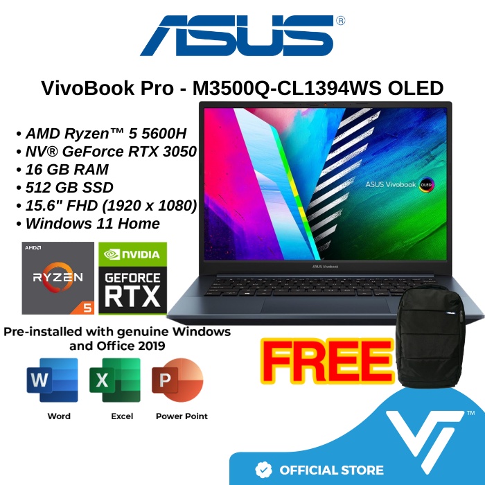 Asus Vivobook Pro 15 Oled M3500q Cl1394ws Laptop Amd Ryzen 5 5600h 16gb 512gb Ssd Rtx3050 