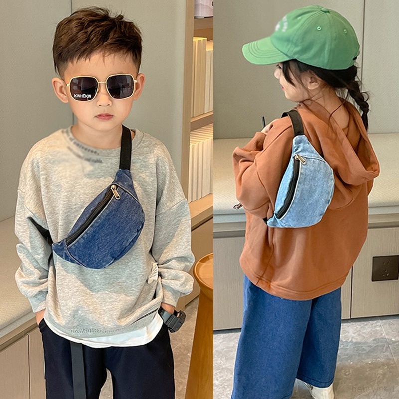 Children's denim chest bag Korean fashion solid color waist bag kids