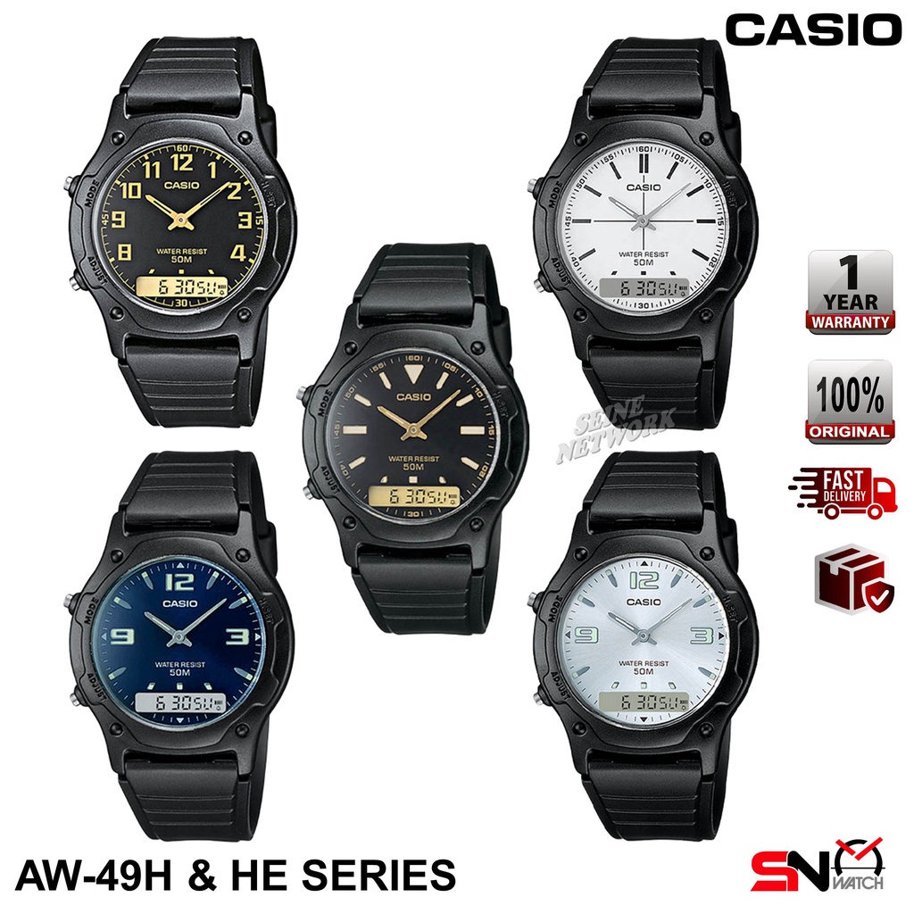 Casio AW-49H AW-49HE Analog Digital Black Resin Band Unisex Watch Jam ...