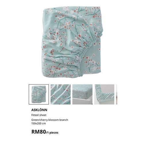 Ikea (QUEEN) Asklonn Fitted Sheet, Green/Cherry Blossom Branch (150x200cm) Shopee Malaysia