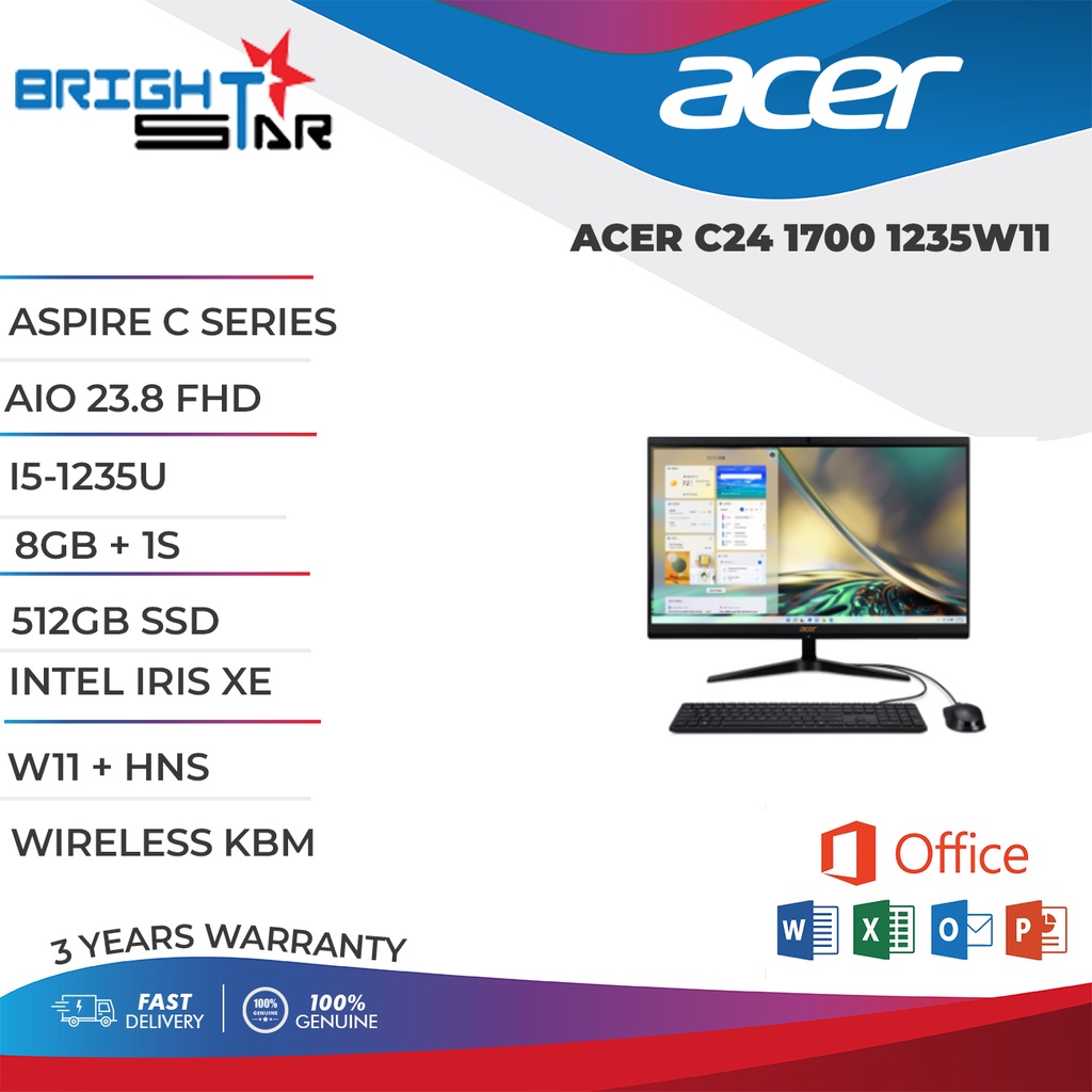 Aio Desktop Acer Aspire C24 1700 1235w11 23 8 Fhd I5 1235u 8gb