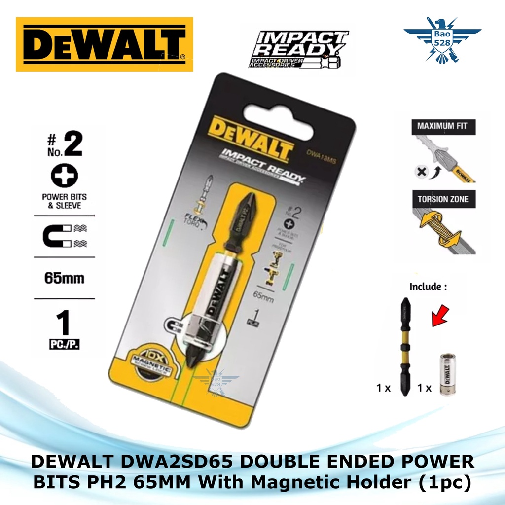 DEWALT DWA2SD65 DOUBLE ENDED POWER BITS PH2 65MM With Holder