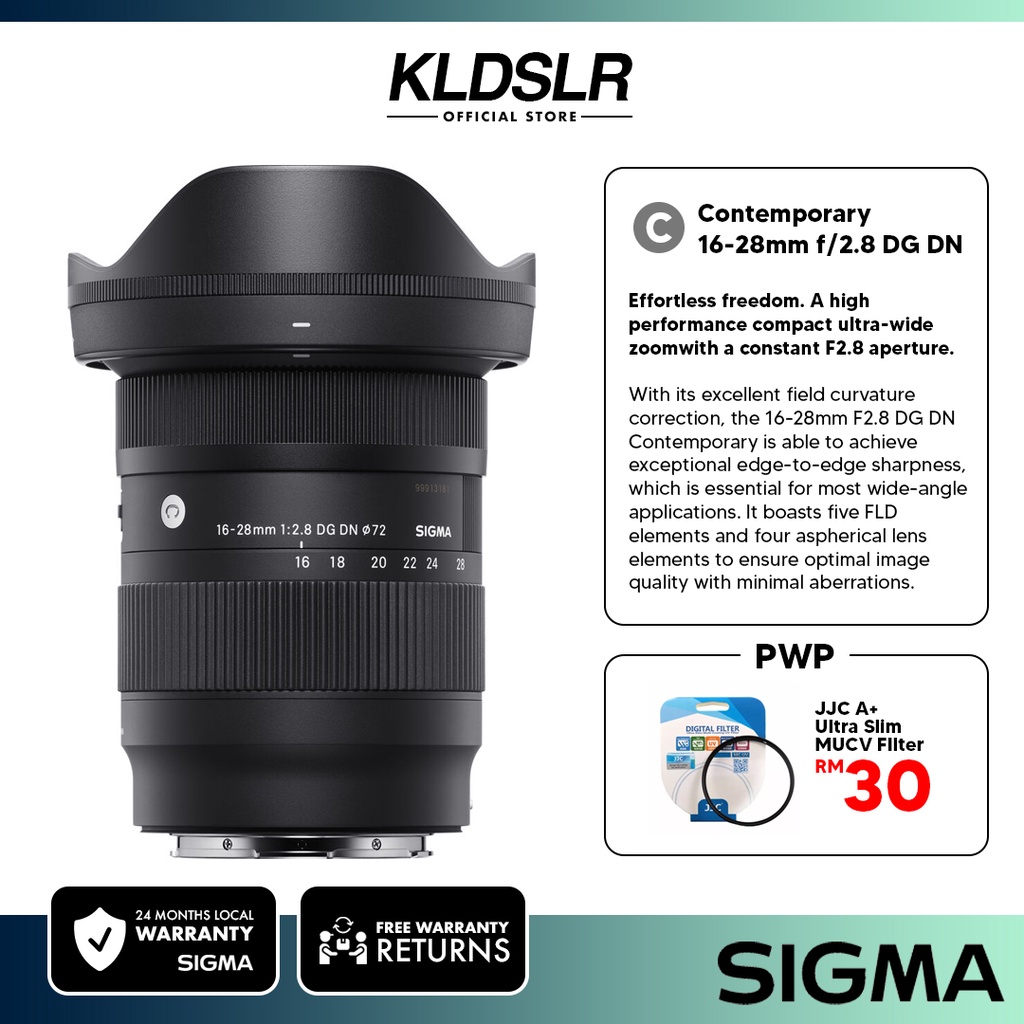 [READY STOCK] Sigma 1628mm F2.8 DG DN Contemporary Lens for Sony E for Sony A7IV / A7III / A7C
