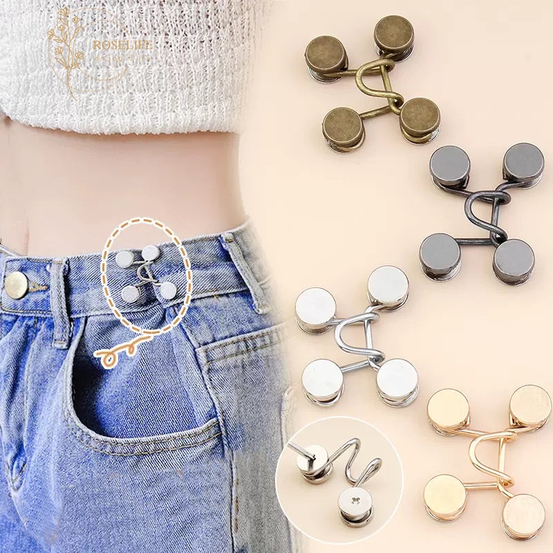 Roselife 1 Set Adjustable Jean Button Pins Reuse No Sew Waist Tighten