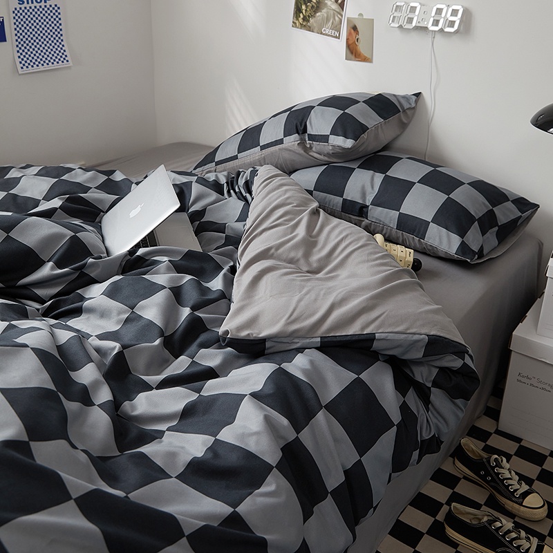 Gray Square Bedsheet Set Fitted Bedding Quilt Cover Set Queen Fitted