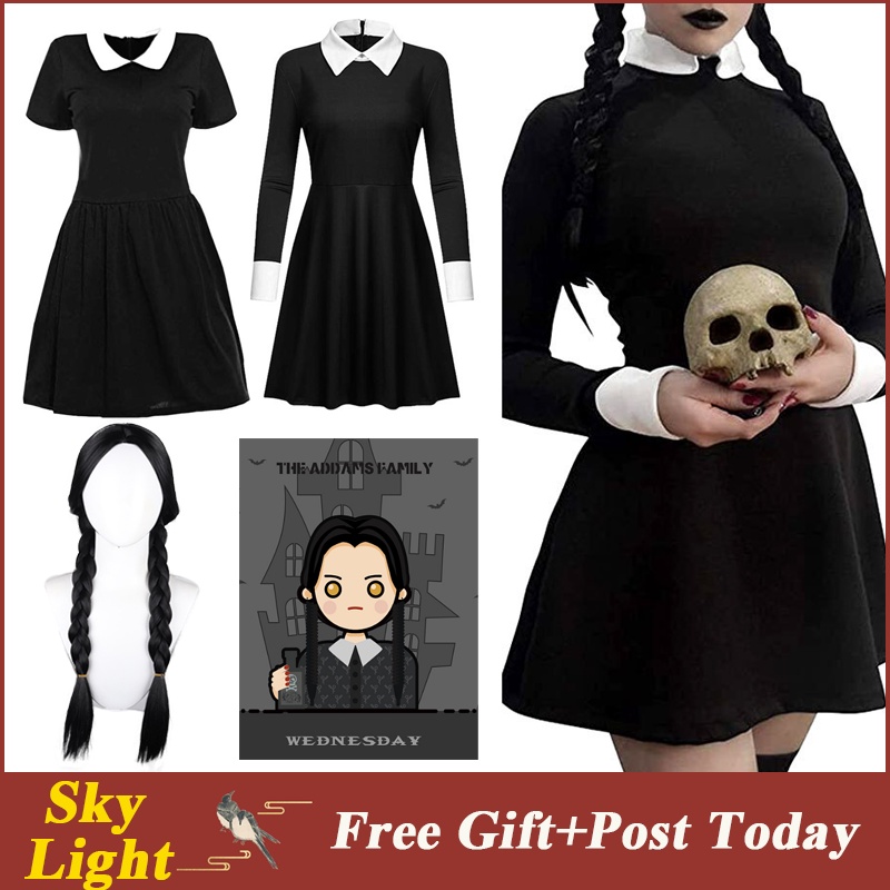 Wednesday Addams Cosplay Costume Women Girls Dress Wig Gothic Black Dresses  White Collar Girls Halloween Costumes Dusk Dress Party Roleplay