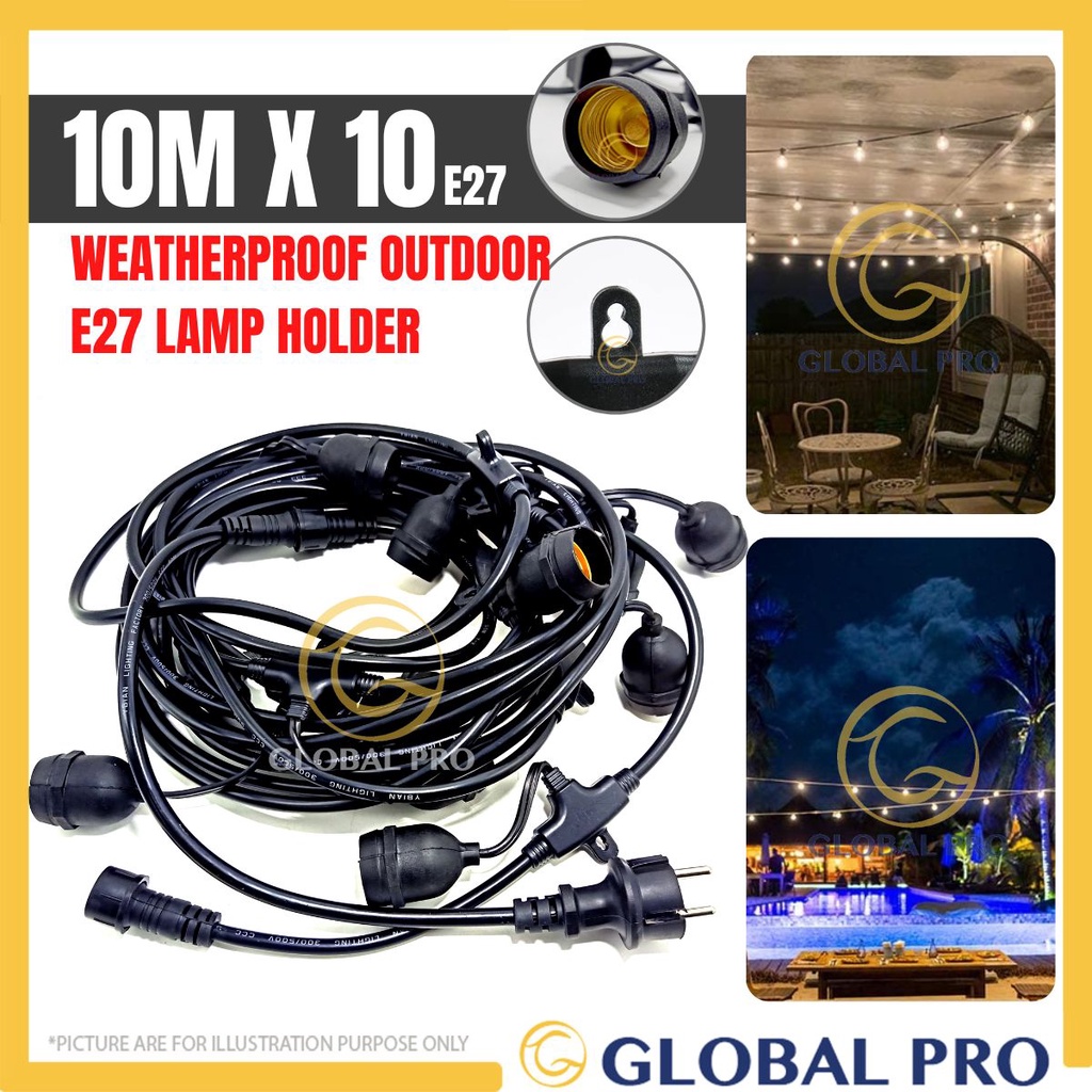 10MTR X10/20 E27 Lamp Holder Waterproof Outdoor LED String Light Garden