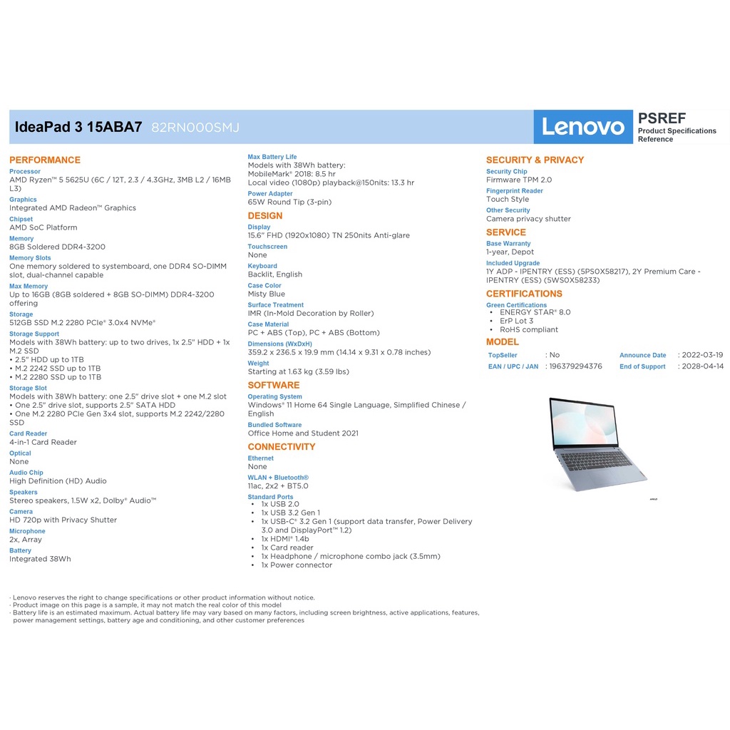 LENOVO IDEAPAD 3 IP3 15ABA7 82RN000SMJ (Misty ) / 82RN00BYMJ (Blue ...