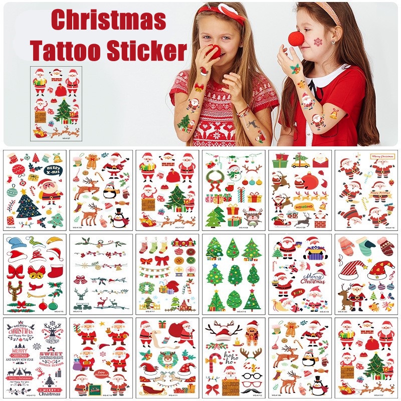 1Sheet Christmas Tattoo Sticker Waterproof Cartoon Santa Claus Elk ...