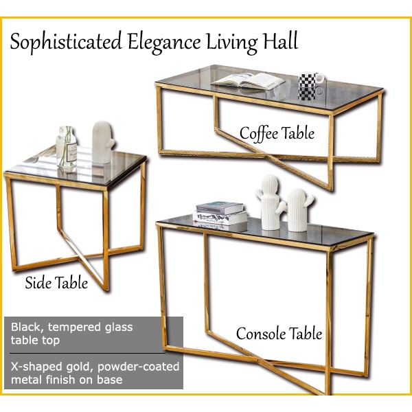 Goldie Coffee, Console and Side Table Living Hall Set, Tempered Glass