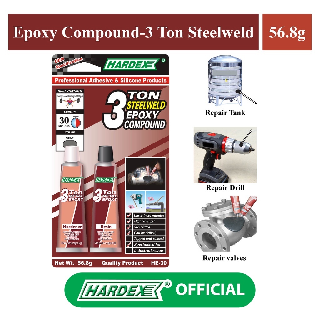 HARDEX HE30 3 Ton Steelweld Epoxy Compound ( 56.8gm / 20gm ) Shopee Malaysia