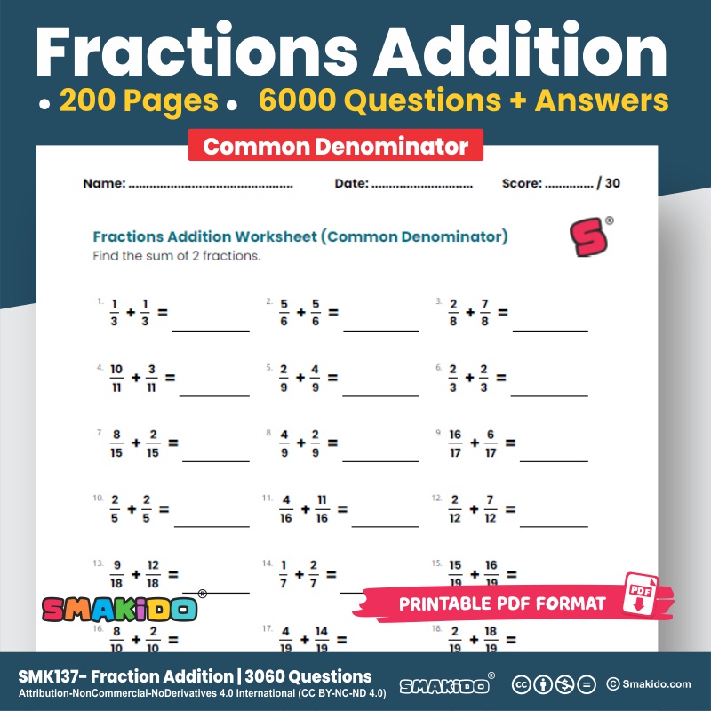[ Soft Copy/ PDF ] Fractions Addition Worksheets- 6000 Questions ...