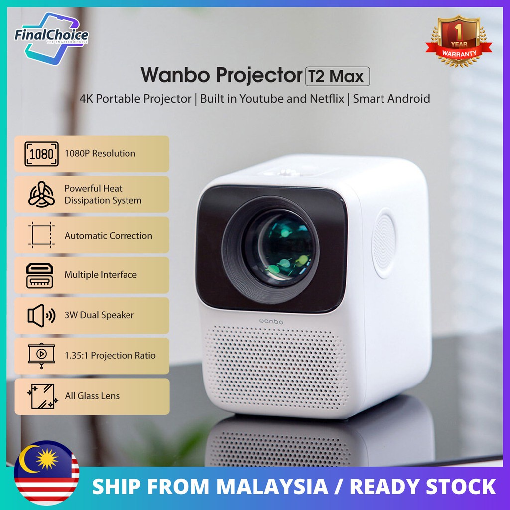 Wanbo T2 Max LED 4K Portable Projector Up To 120” Projection Size Built  Speaker Built In