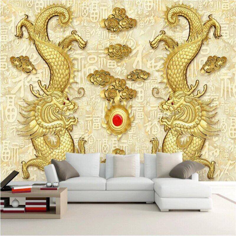 Custom 3D Gold Dragon Chinese style Wallpaper Mural, Hotel restaurant