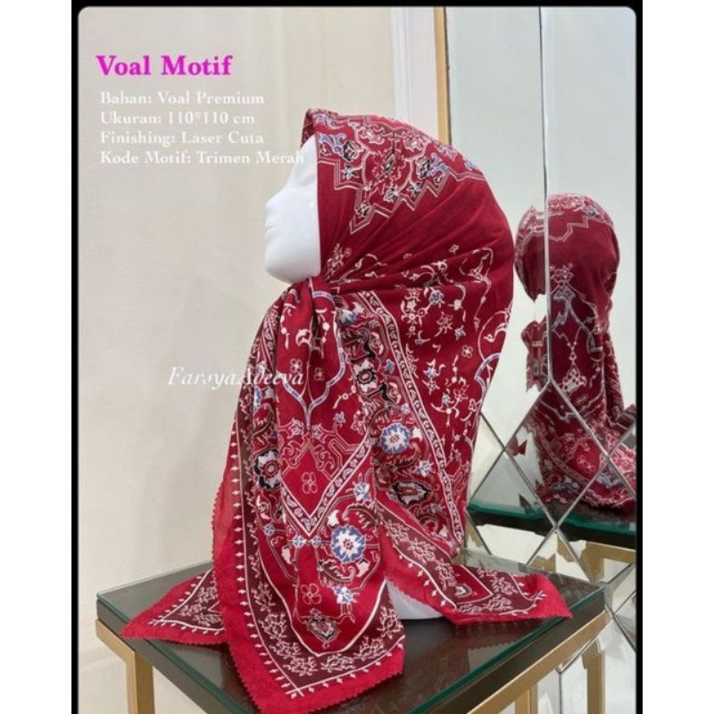 MERAH Hijab denay square red trimen motif veil voal denay | Shopee Malaysia