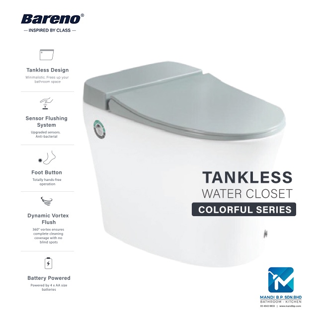 Bareno One Piece Tankless Dynamic Vortex Flush WC BO(S Trap 9"/10"/11") Toilet Bowl (UF) soft