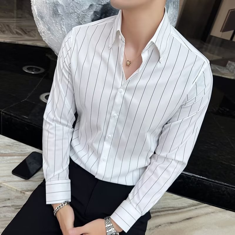 Korean Slim Fit Essential White Stripe Formal Casual Long Sleeve Shirt ...