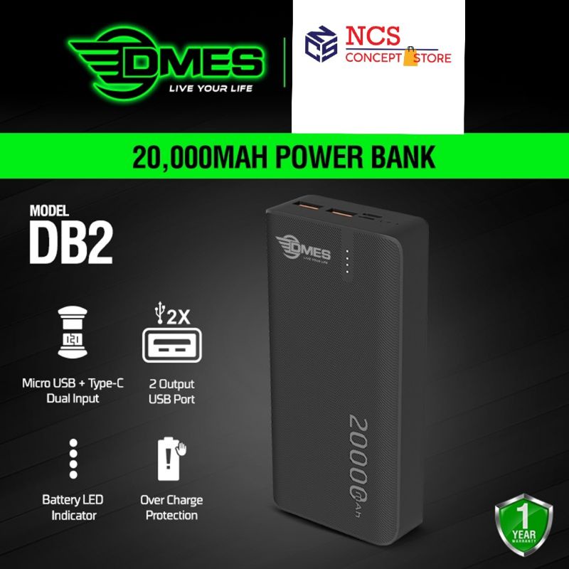 DMES DB2 2.4A 20000mAh Dual USB Output Type C and Micro USB Input Fast ...