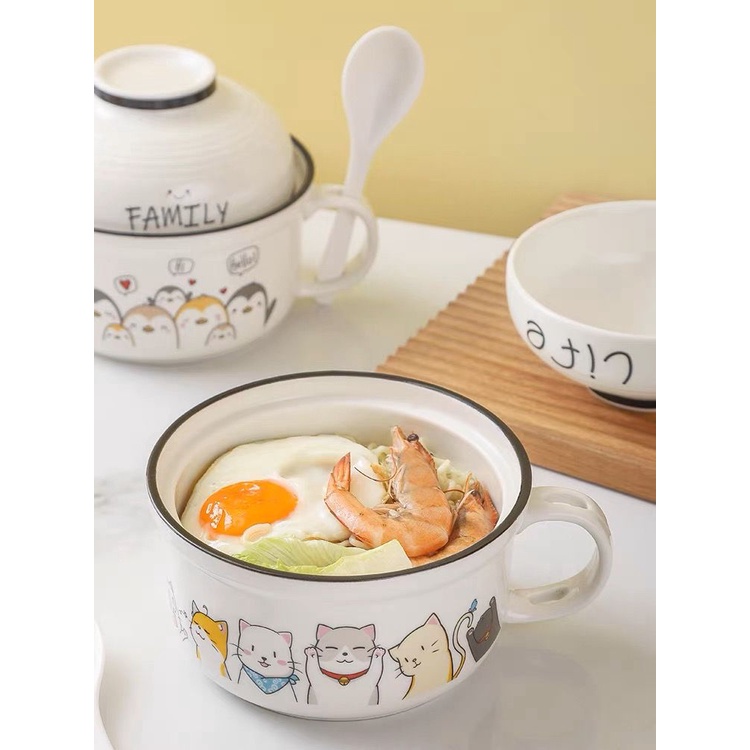 Large ceramic instant noodle cup bowl with lid and handle cartoon
