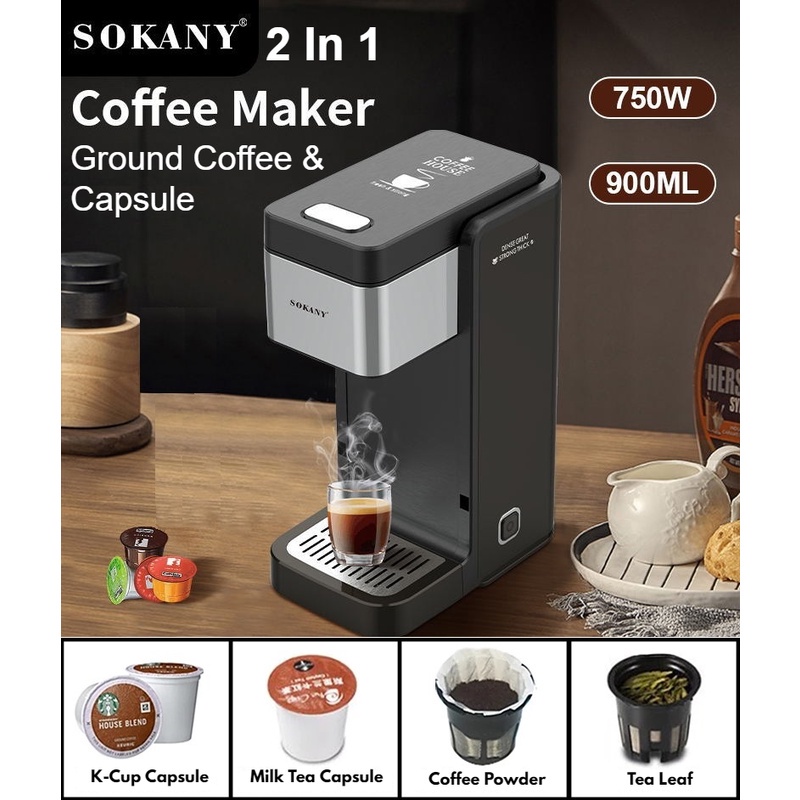 Sokany 2 In 1 Capsule Pressure Espresso & Ground Coffee Powder Coffee Maker  Machine 900ML Capacity 750W K-Cup Pods