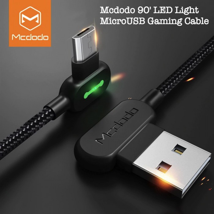 Cavo Micro USB McDodo 90° LED 2.4A, Nylon, Ricarica Veloce Per Samsung, Huawei, Xiaomi, OPPO, Nero