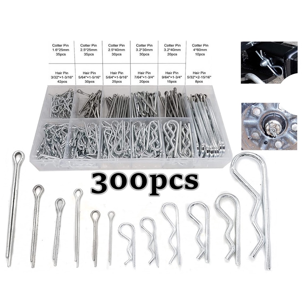300pcs Hair Pin Cotter Pin R Clip Spring Pin Snap Pin Assortment Kit