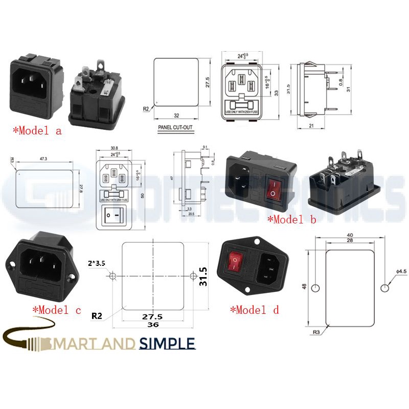 250v 10A IEC C14 snap in inlet power socket panel mount connector w ...