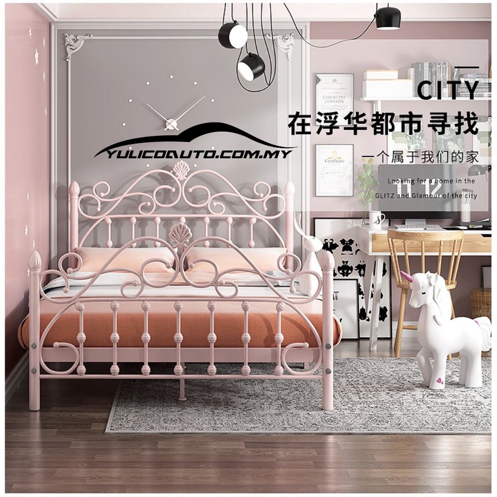 Princess Pink Wrought Iron Bed Frame Single/Queen/King Modern Bed For