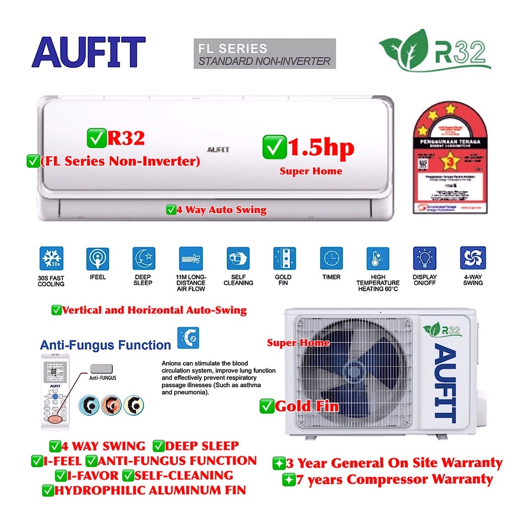 AUFIT 1.5hp Non Inverter Aircond ASW12U4/FLR4MY & AS12U4/FLR5MY