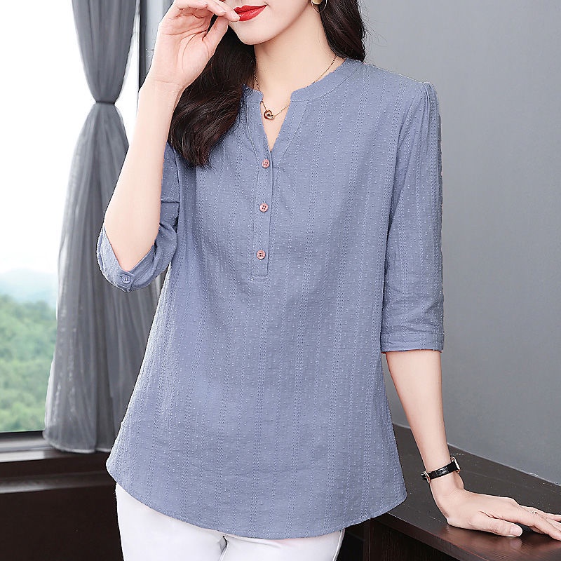 Cotton Blouse Plus Size Women Korean Style Striped V-Neck Mid-Length ...