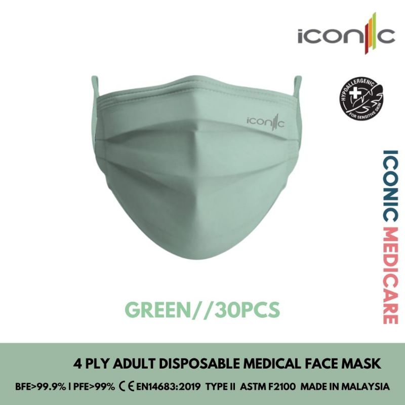 ICONIC MEDICARE 4PLY MEDICAL DISPOSABLE FACE MASK POWER GREEN 30PCS