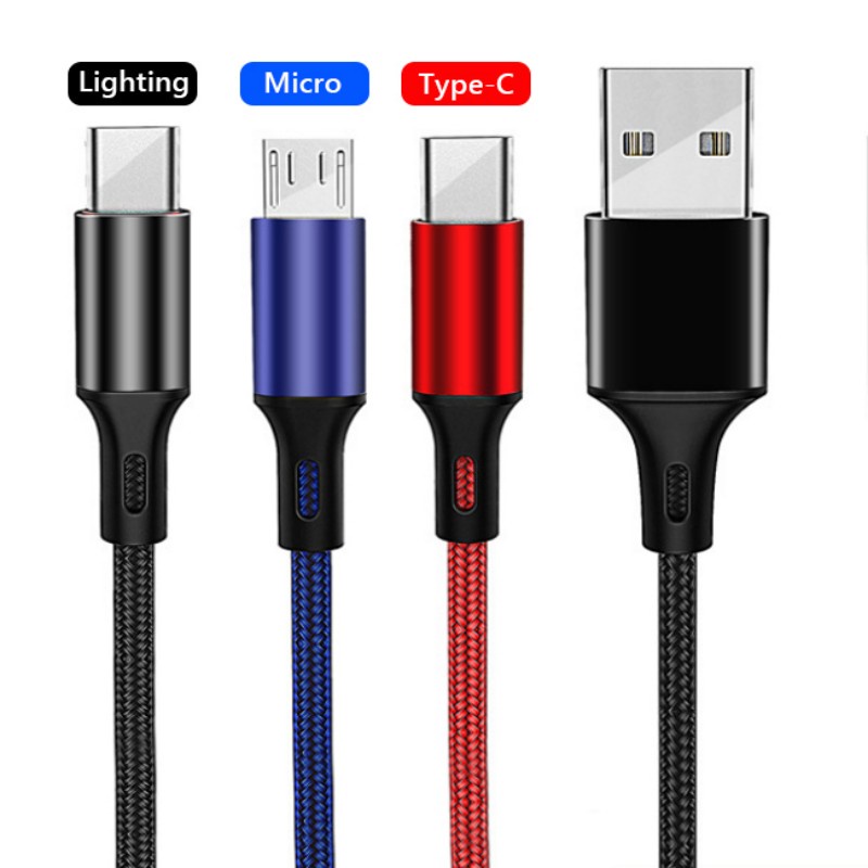 ACCEZZ 3 in 1 Nylon Braided Charging Cable Adapter with Type-C iOS ...