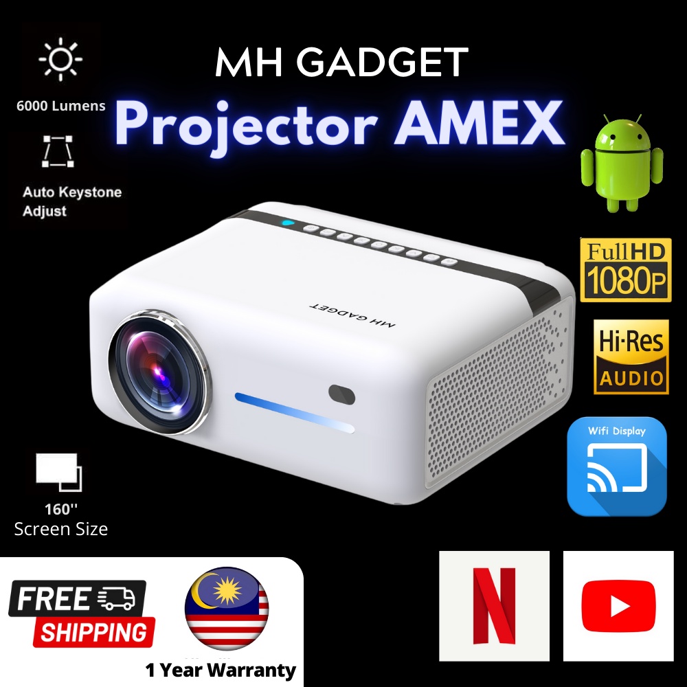 MH GADGET AMEX Smart Projector Android System 9.0 Builtin TV Box