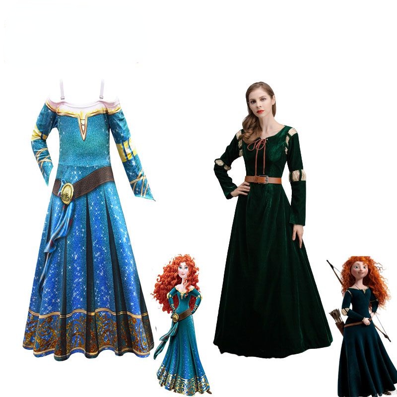 New Disney Brave Merida Princess Costume Adult Child Dress Suit Halloween  Cosplay Party