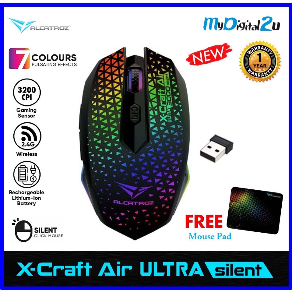 Alcatroz X Craft Air Ultra Silent Series Wireless Gaming Mouse 3200 Cpi Pulsating Effects Free 7223