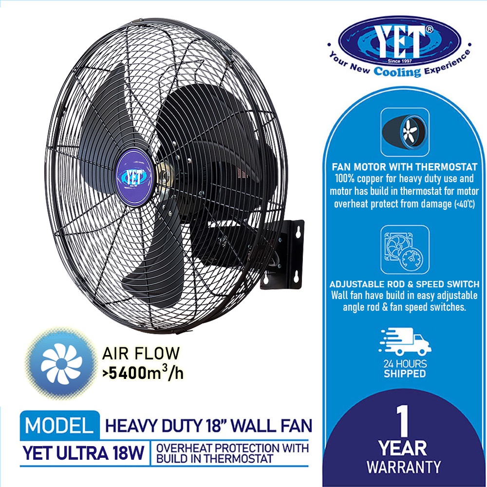 YET Ultra 18W 20W Heavy Duty Industrial Wall Fan Motor Overheat Protection & Full Powder Coated