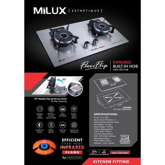 Milux Flexible FlipUp Infrared Stainless Steel Builtin Hob Safety