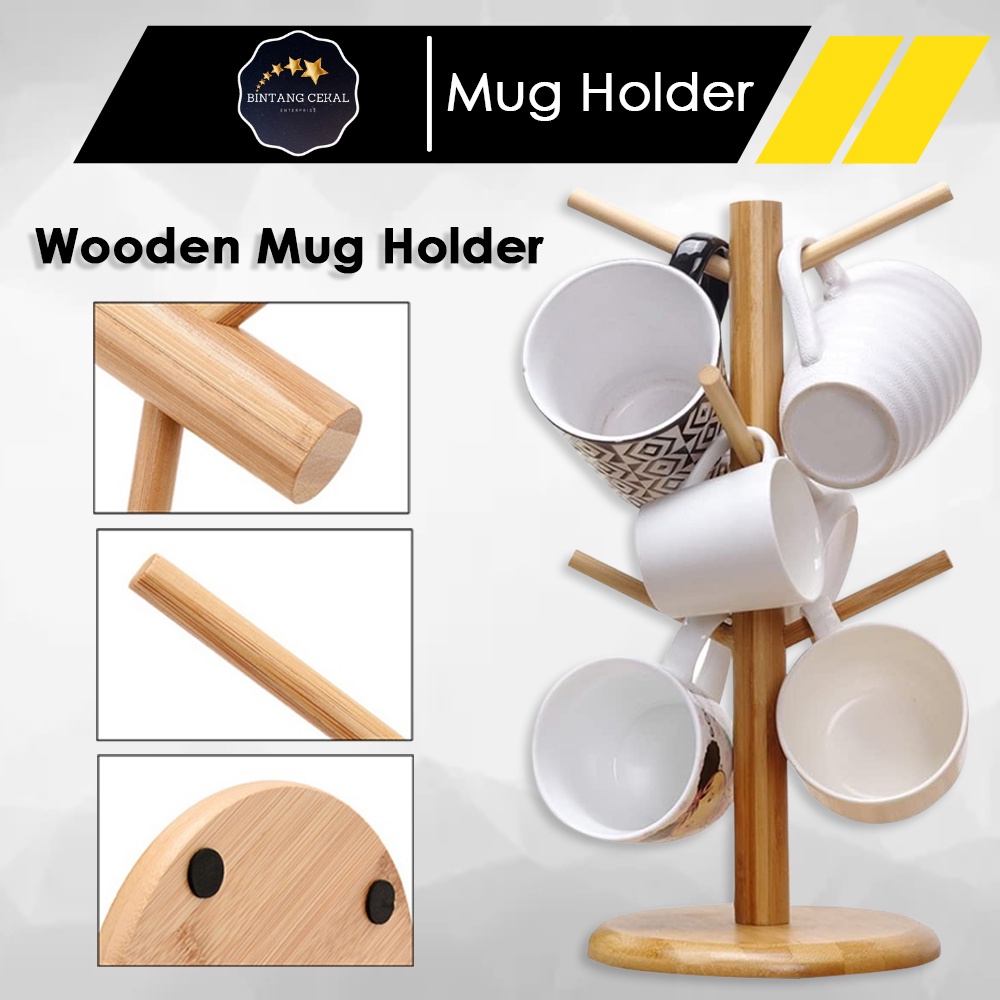 Bc Multipurpose Wooden Mug Tree Holder Simple Kitchen Stand Coffee Cup 6 Hook Japanese Style 6725